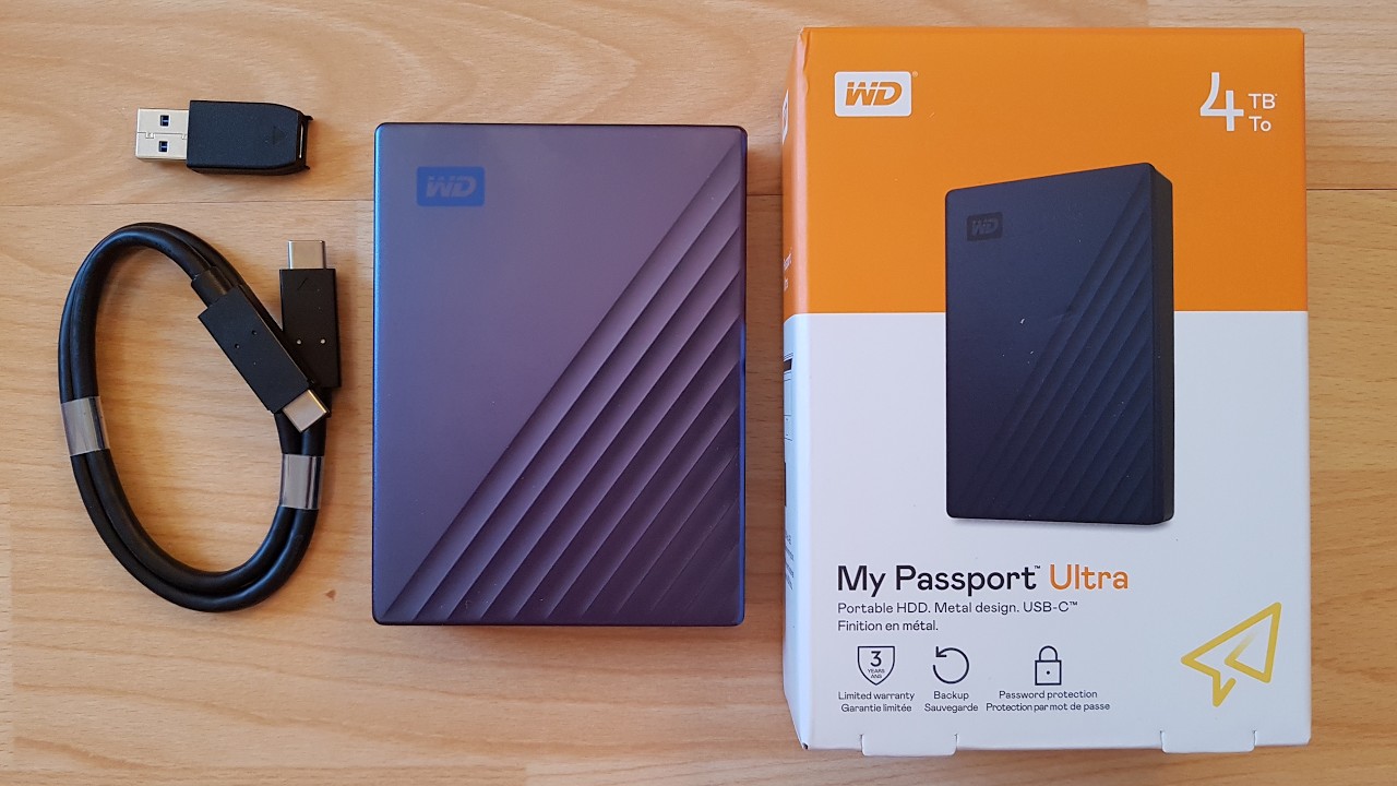 WD My Passport Ultra 4TB HDD External Hard Drive, Blue, With USB-C To USB-A Adapter