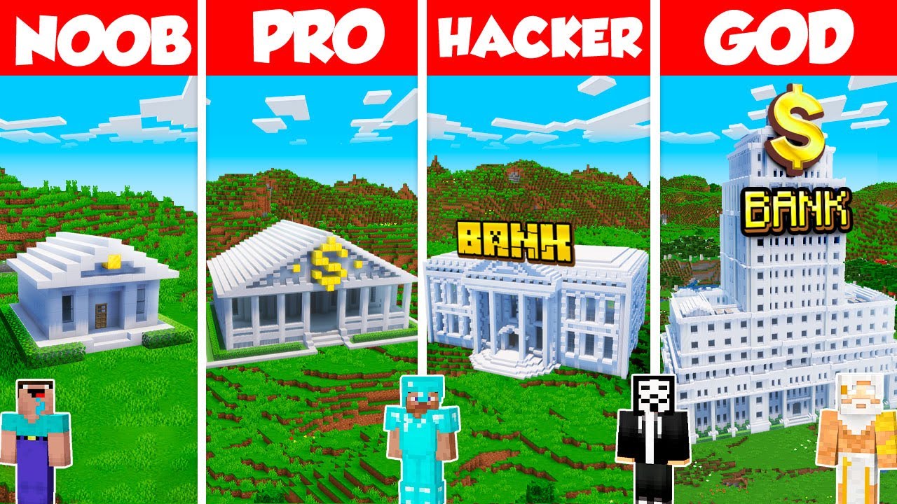 Bank Build Battle Challenge - Noob vs Pro vs Hacker vs God - Minecraft Animation