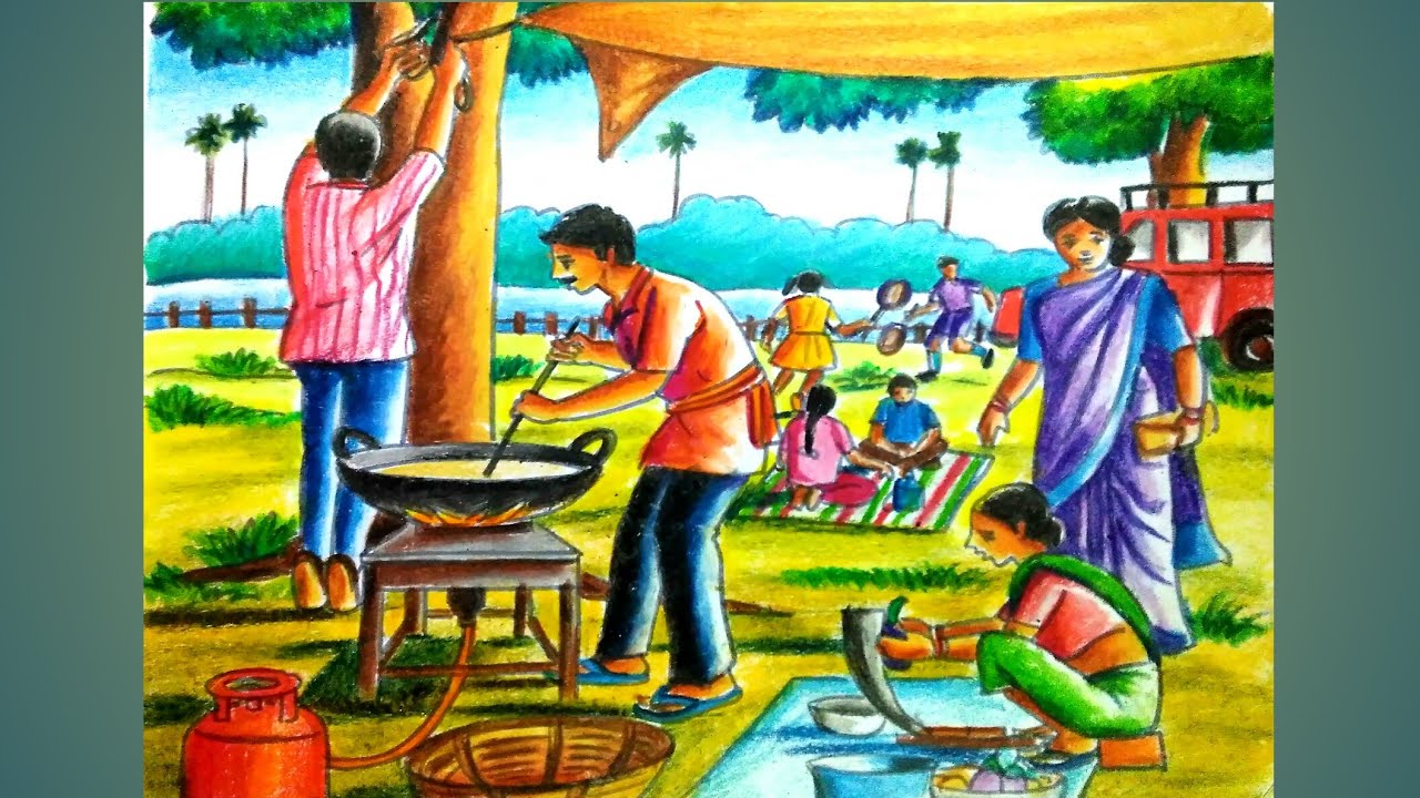 How to draw a family picnic scenery step by step/picnic scenery drawing