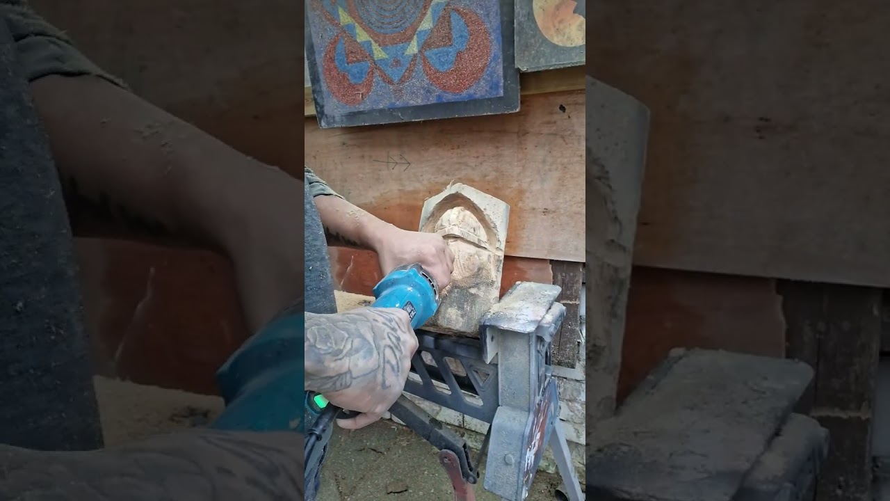 Carving a viking head for my kidos out of an old bit of fencepost, using a die grinder 
