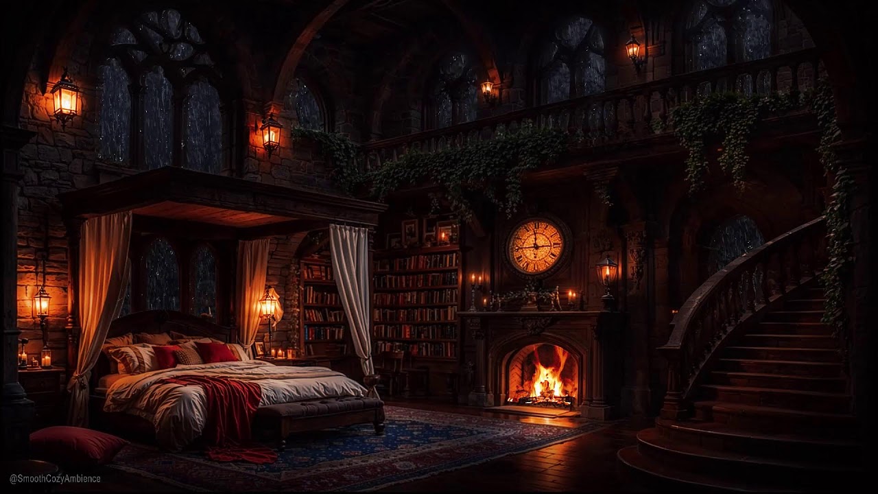Ancient Stone Castle Room Thunder & Rain Sounds To Meditation