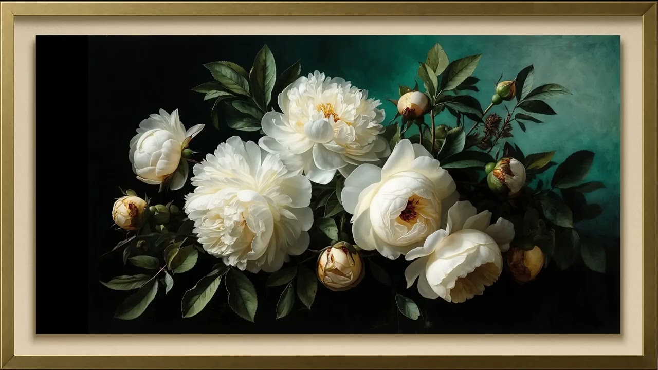 White Peonies Elegance – 4K Framed Art | Elegancia de Peonías Blancas – Arte enmarcado 4K | No Music