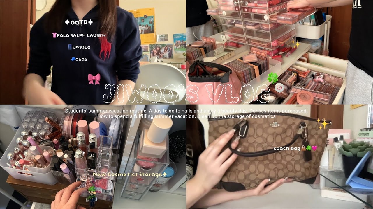 \VLOG/学生の夏休みの過ごし方☘️👙✨1人行動を楽しむ日常🎼古着dig👕コスメ収納の大整理とQoo10メガ割購入品紹介📦✨