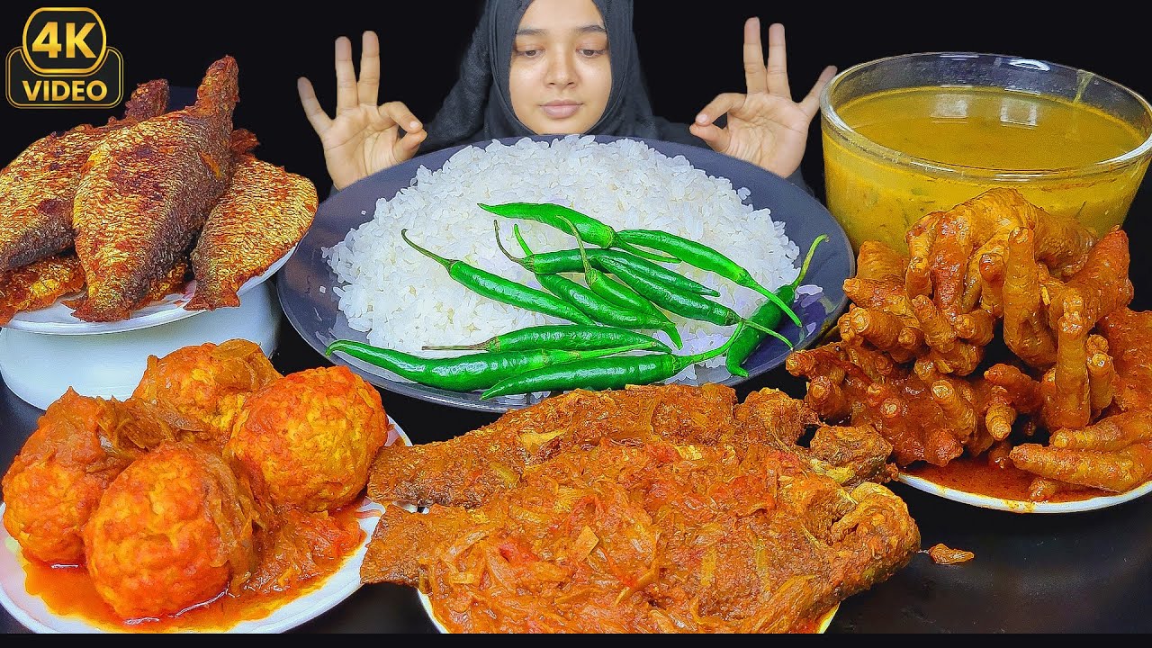 ASMR EATING HILSA FISH FRY, HUGE CHICKEN FEET CURRY, 2 WHOLE FISH CURRY, EGG CURRY, DAL CHAWAL