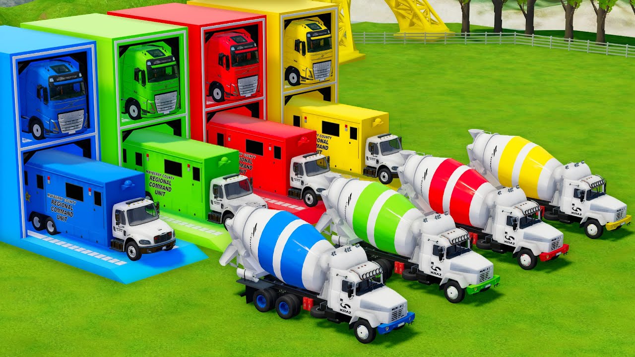 Garage with Colors - ALL MIXER TRUCK WITH DOUBLE FLATBED TRAILER TRUCK, VOLVO, FREIGHTLINER, KRAZ