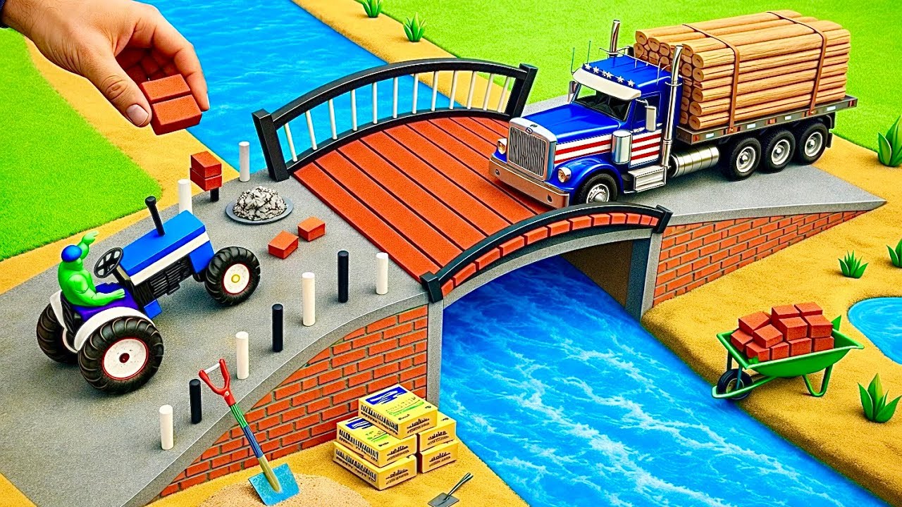 DIY Mini Bridge Construction Model Science Project | Tractor and Truck Building a Durable Bridge