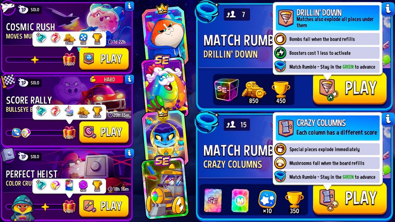 x3 Solo: HARD Bullseye Bash, Moves Multiplier, Color Crush / x2 Rumble: Drillin' Down, Crazy Columns