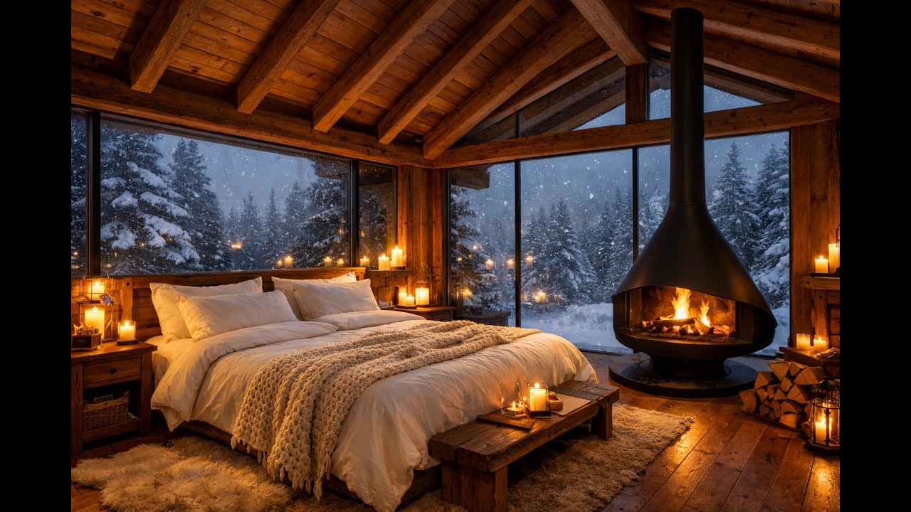 Cozy Snowy Cabin Bedroom by the Fireplace ❄️ Soft Piano & Fire Sounds for Sleep (2 Hours)