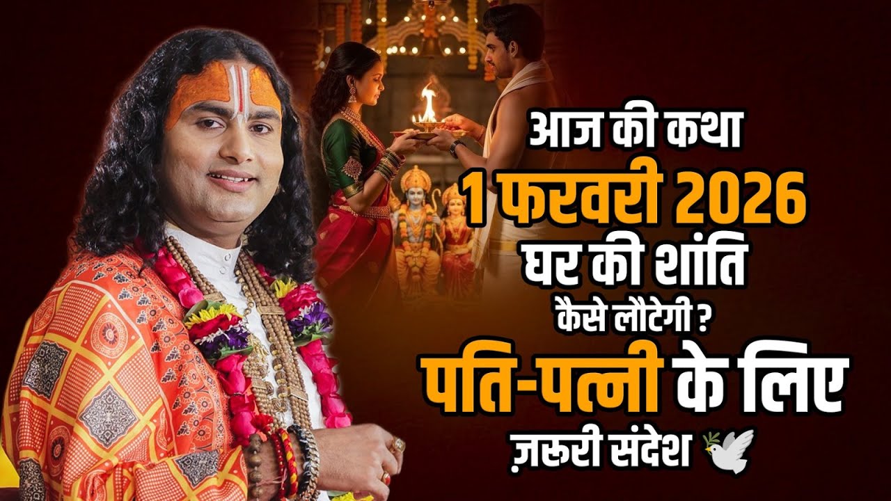 आज की कथा 1 फरवरी 2026 | घर की शांति कैसे लौटेगी? पति-पत्नी के लिए ज़रूरी संदेश 🕊️ अनिरुद्धाचार्य