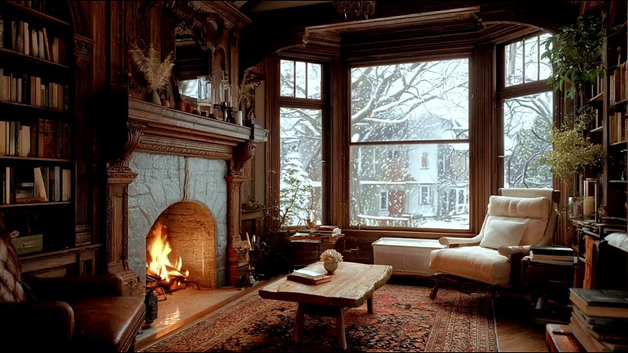 Snowy Victorian Library 📚🏛️ Relaxing Piano Music ✨ Fireplace Ambience for Sleep & Focus