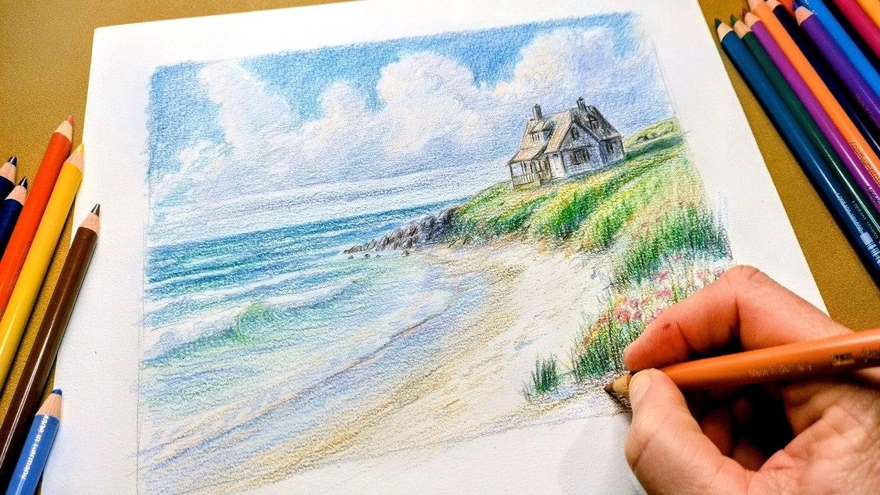 Como Desenhar uma Linda Praia com apenas 12 Lápis de Cor Polychromos! O Passo a Passo Completo!