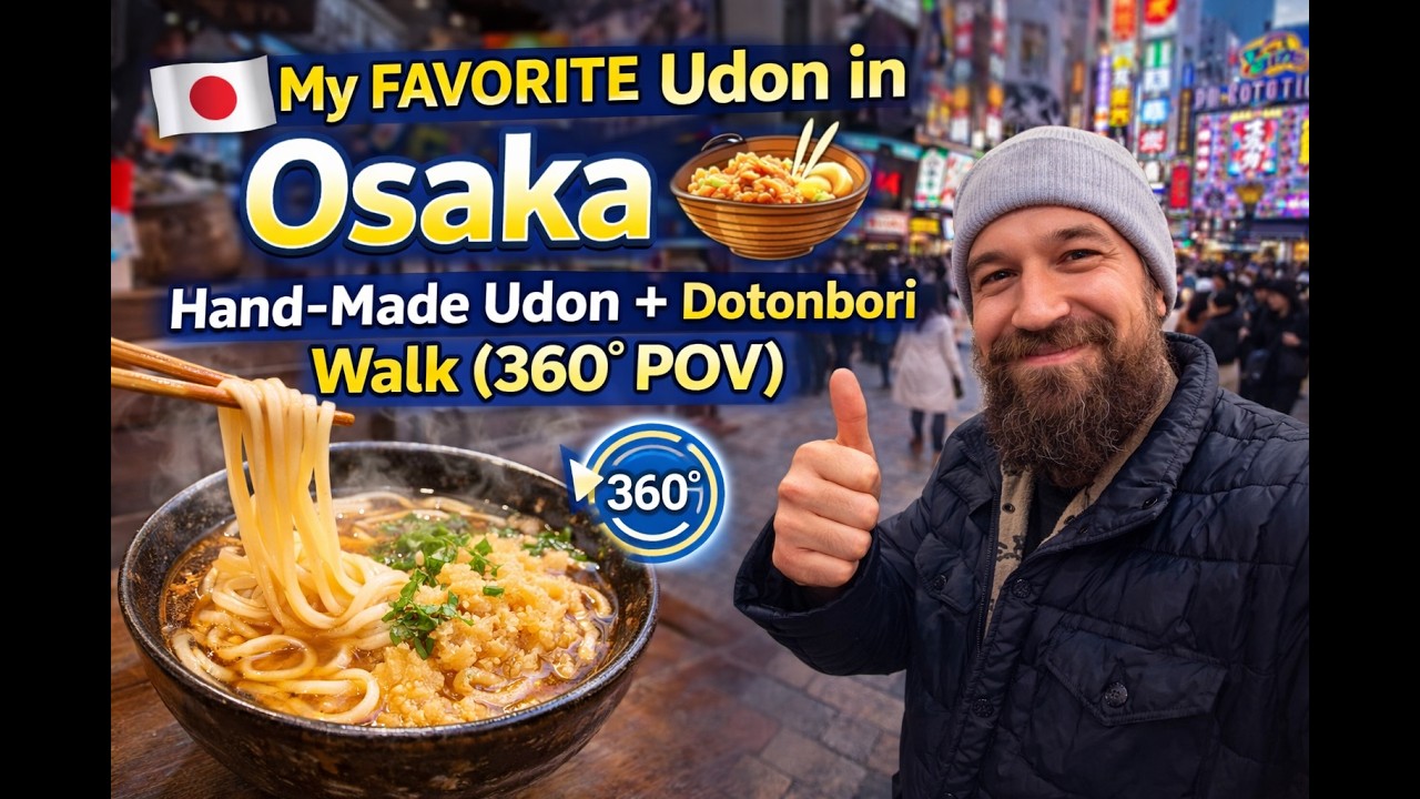 🇯🇵 Мой ЛЮБИМЫЙ удон в Осаке 🍜 | Удон ручной работы + прогулка по Дотонбори (360° POV)