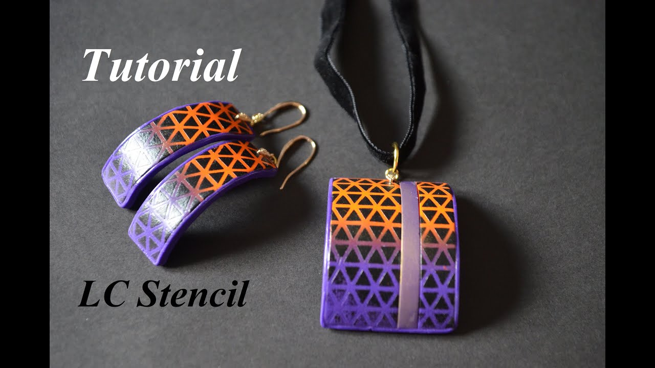 polymer clay tutorial jewelry set with LC Stencil and pearlEx бижутерия с узором из полимерной глины