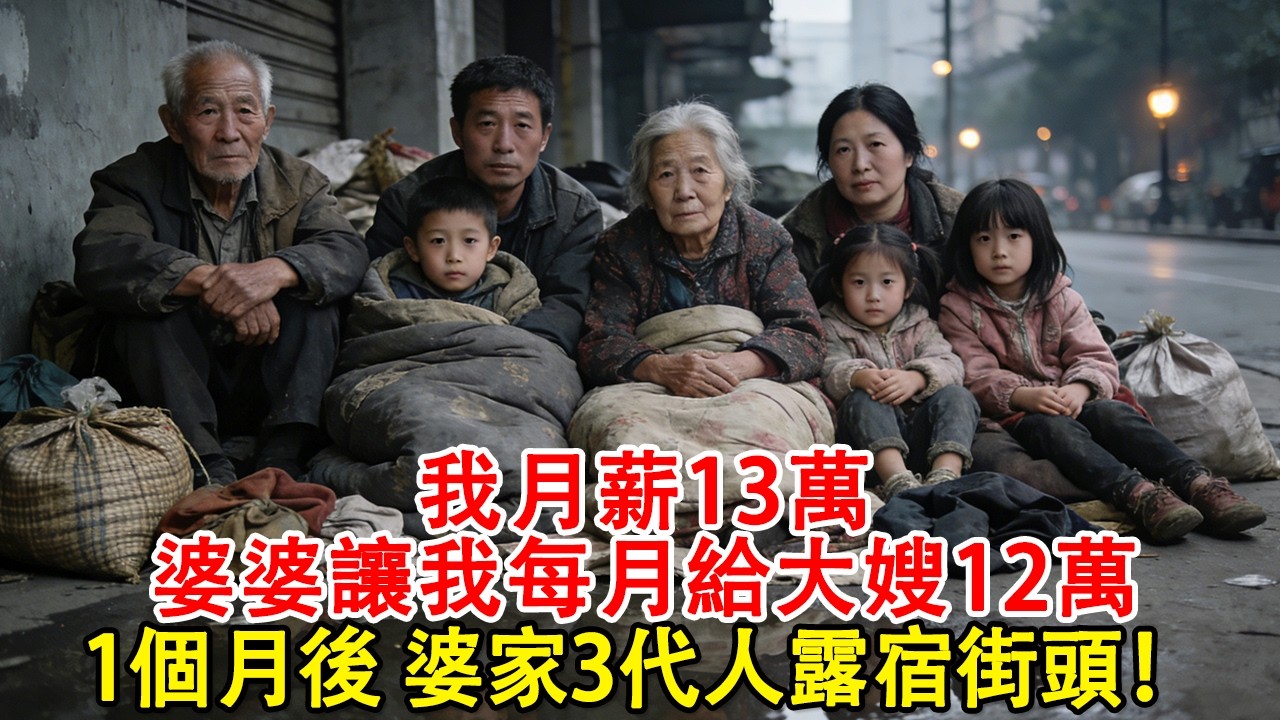 【完結爽文】我月薪13萬，婆婆讓我每月給大嫂12萬，我要鬧，我媽卻讓我忍著，1個月後，婆家3代人露宿街頭！#婆媳 #家庭 #婚姻 #情感 #情感故事 #為人處世 #故事 #家庭故事 #家庭倫理