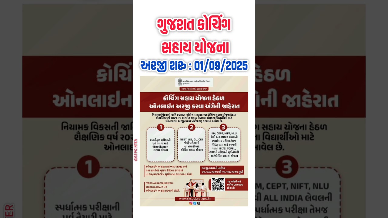 Gujarat Coaching Sahay Yojana 2025 | કોચિંગ સહાય યોજના 2025 | ઑનલાઇન અરજી શરુ 01/09/2025 | GPSC