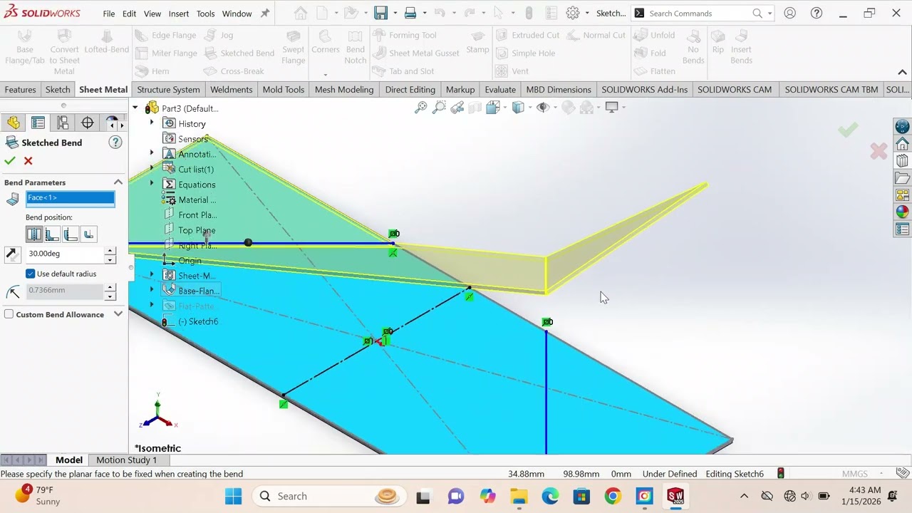 solidworks sketch bend in sheet matal