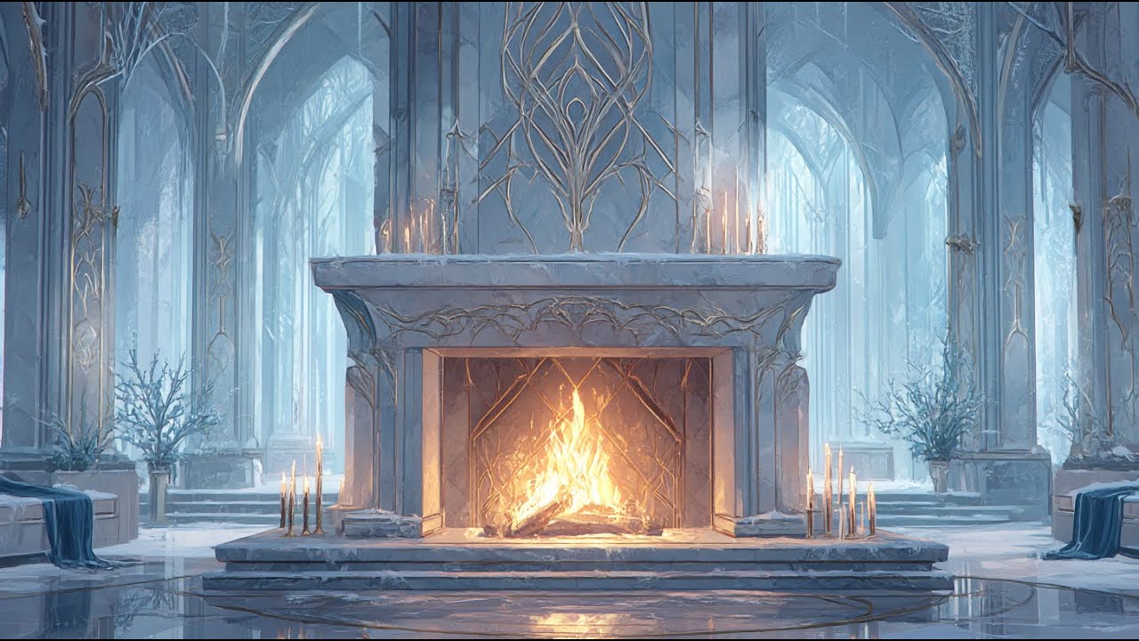 Winter Court Fireplace Ambience | Soft Firelight, Falling Snow & Quiet Frost