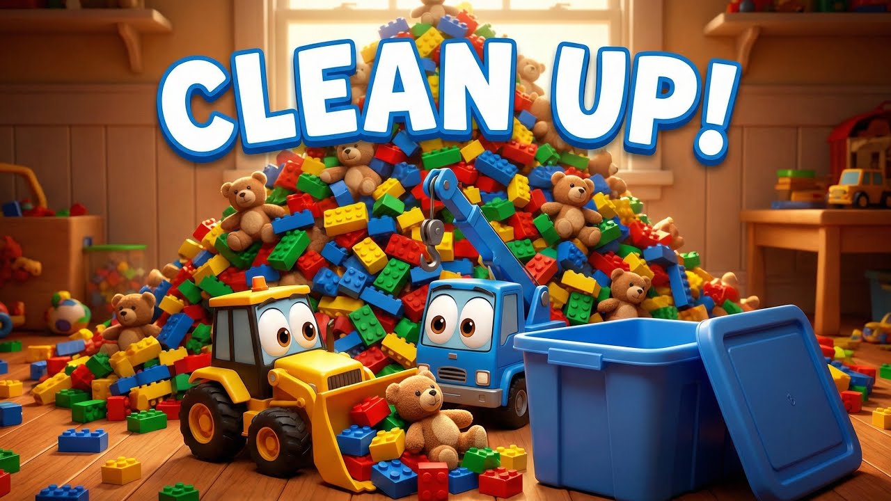 Clean Up Song for Kids | Construction Vehicles Song 🚜🧱 | RocketRhyme TV
