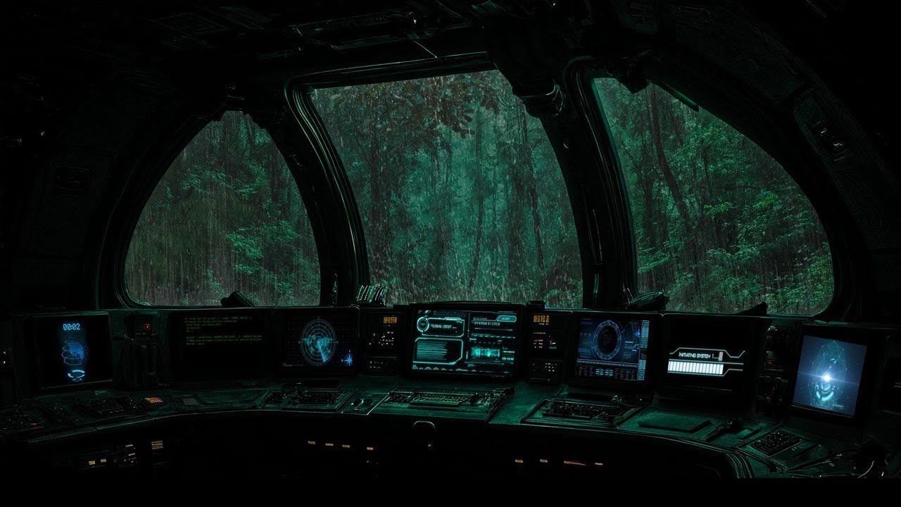 🚀 Rainy Sci-Fi Cockpit Ambience | 🌧️ Deep Space Jungle Rain Sounds for Study & Focus 🎧