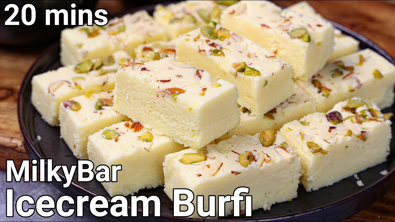 Ice Cream Vanilla Barfi sweet recipe - Milky Bar burfee sweet | Milk powder vanilla Ice Cream Barfi