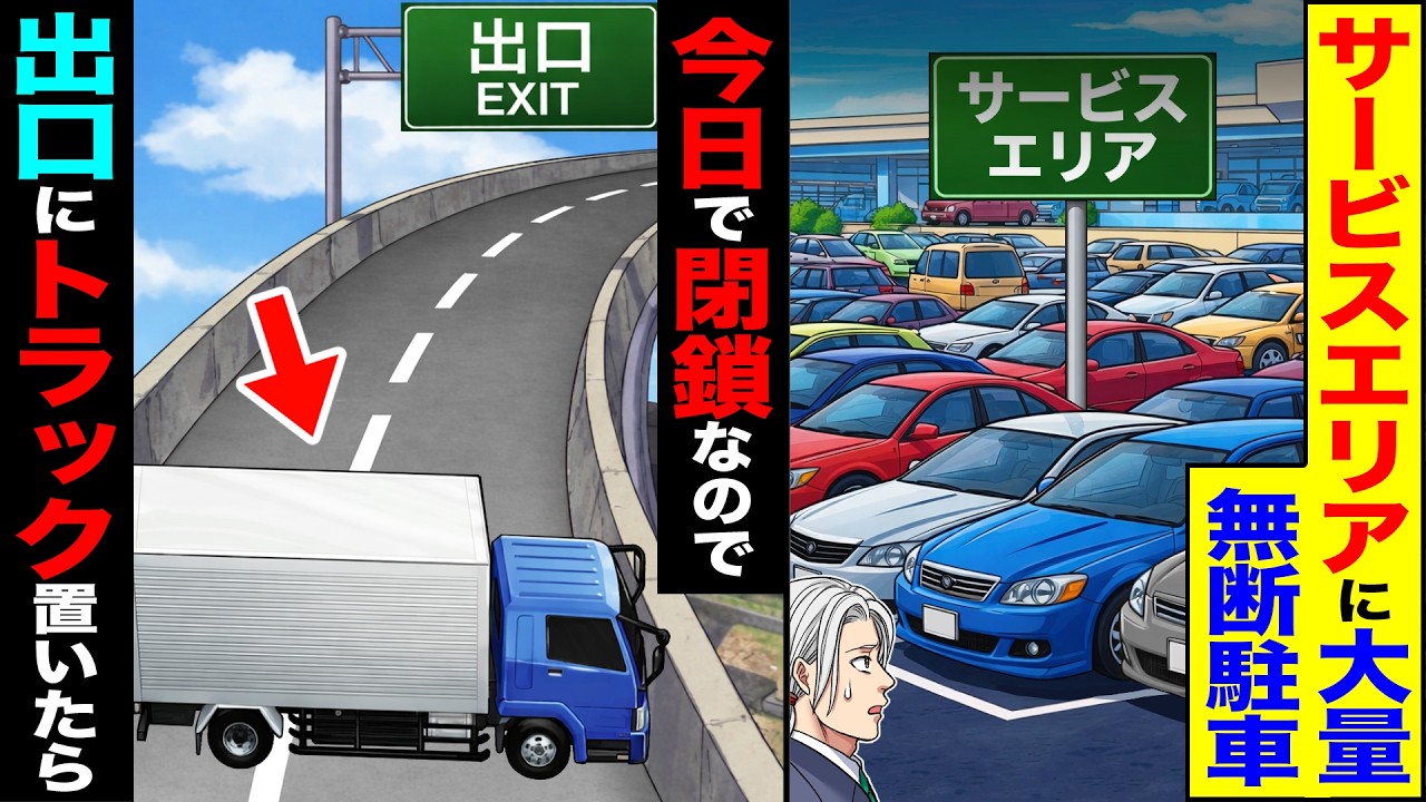 【スカッと】サービスエリアに大量の無断駐車→今日で閉鎖なので出口にトラック置いたら【漫画】【アニメ】【スカッとする話】【2ch】