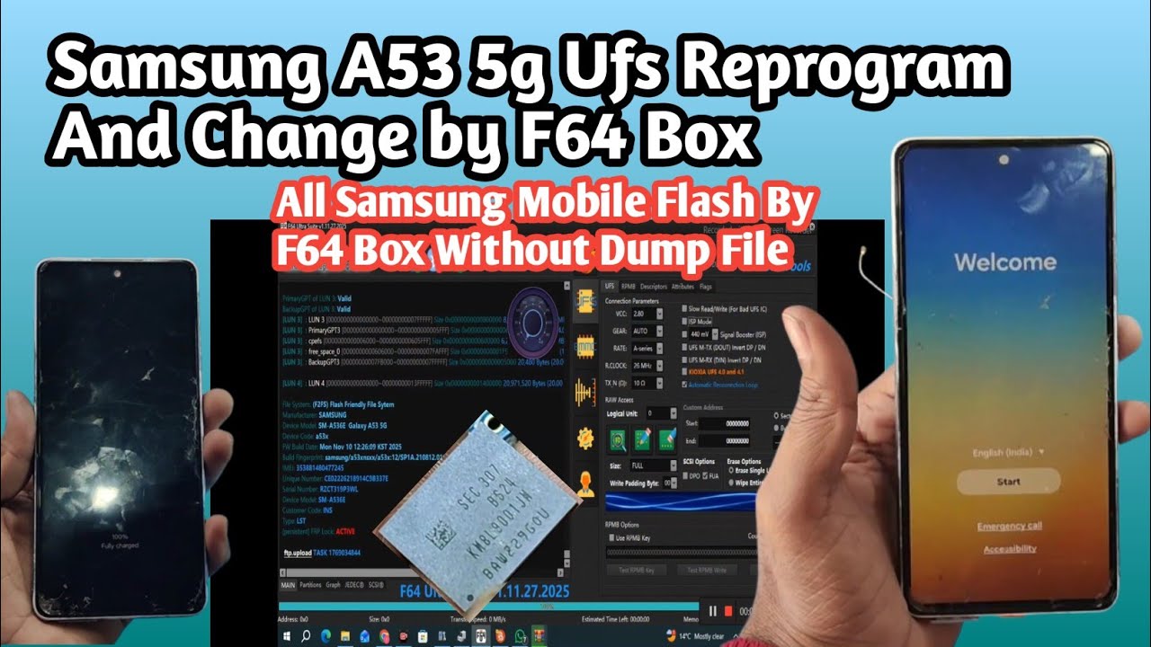 Samsung A53 5g UFS reprogram by F64 Box||Samsung A53 5g UFS Change by F64 Box Without any Dump File
