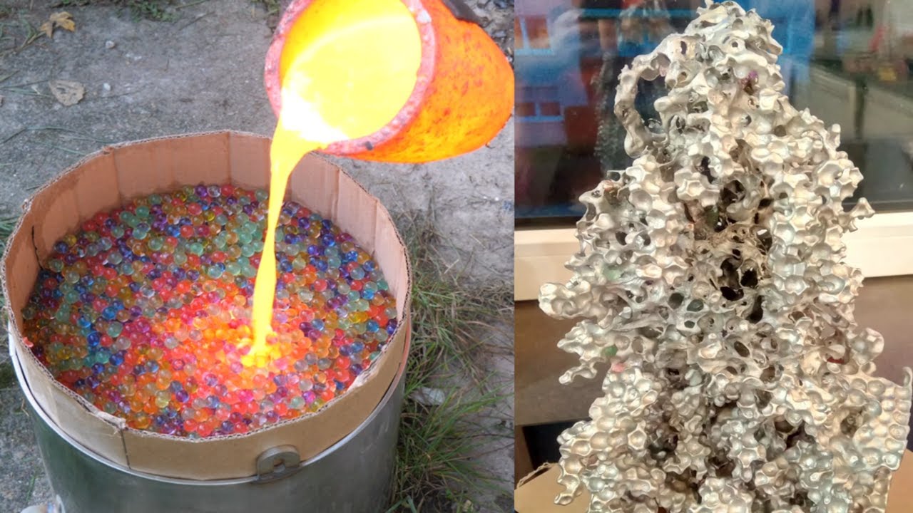 Flüssiges Metall und Wasserperlen (Orbeez) Level 1: zufällige Formen. Kupfer und Aluminium gießen