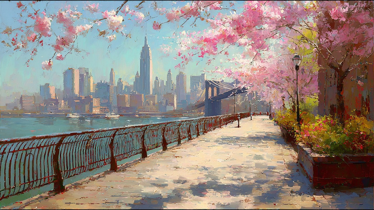 𝐌𝐎𝐑𝐍𝐈𝐍𝐆 𝐀𝐓 𝐍𝐄𝐖 𝐘𝐎𝐑𝐊 𝐂𝐀𝐅𝐄́ ☕ Spring by the Brooklyn Bridge — Vintage Jazz Coffee Music | Relax