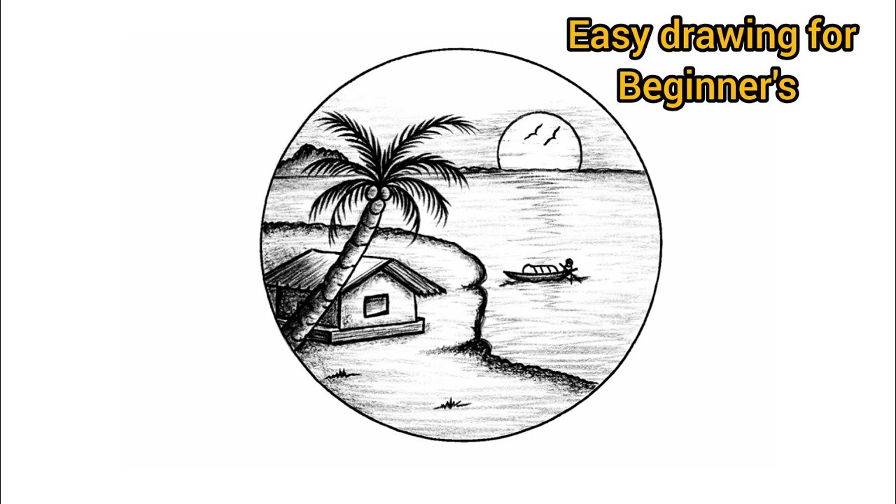 Beautiful Circle Scenery Drawing | সহজ পেন্সিল ড্রয়িং | গ্রামের সূর্যাস্ত দৃশ্য| Easy Pencil Drawing