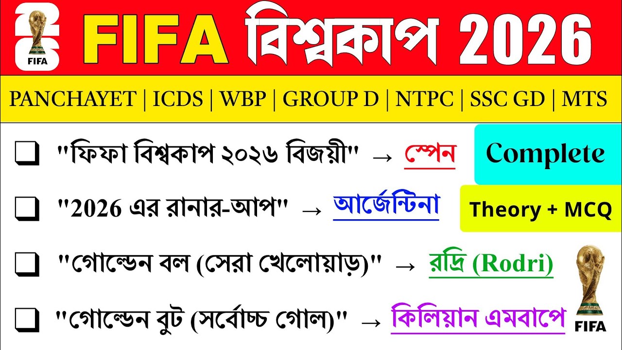 FIFA বিশ্বকাপ 2026 | FIFA World Cup 2026 MCQ In Bengali | FIFA বিশ্বকাপ 2026 GK Important Question