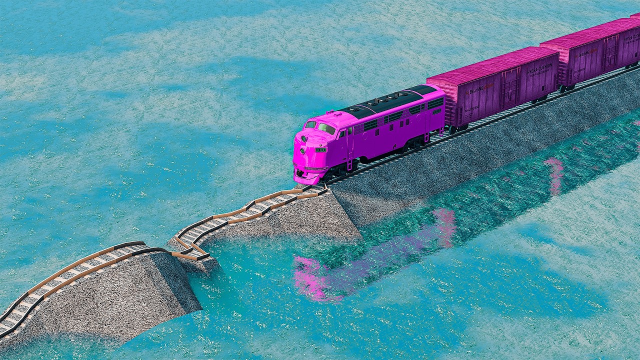 Quadruple Colorful Trains Vs Weird Mistake Impossible Rails Tracks Crossing Deepwater | BeamNG.drive
