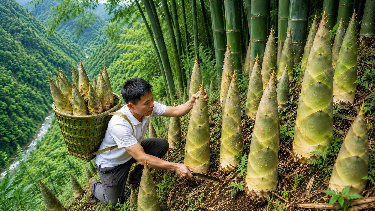 A Massive Giant Bamboo Shoot Harvest &ndash; From Forest Go to Market to sell - Garden | Solo Survival