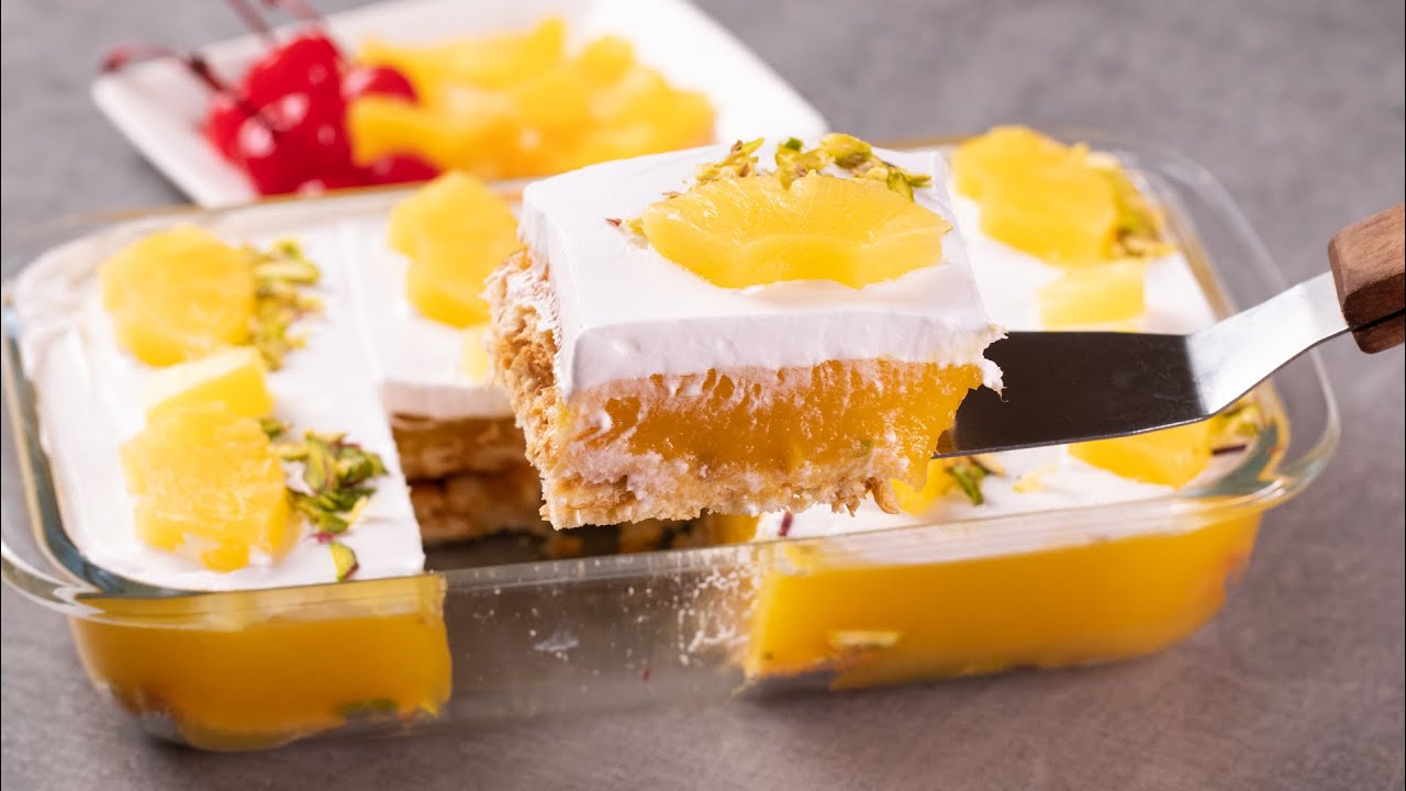 PINEAPPLE PUDDING SLICE DESSERT | NO BAKE BISCUIT CAKE RECIPE | EGGLESS DESSERT | N'Oven