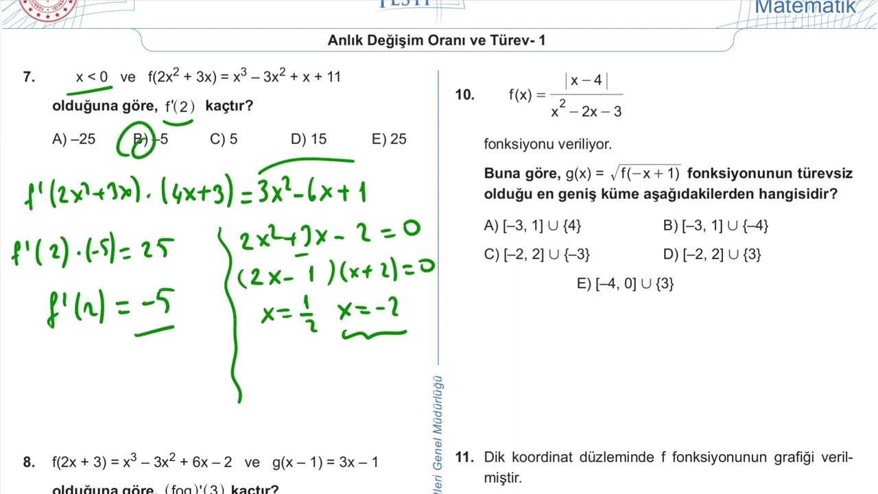 12. Sınıf Matematik Kazanım Kavrama Test 25 (Anlık Değişim Oranı ve Türev) Çözümler