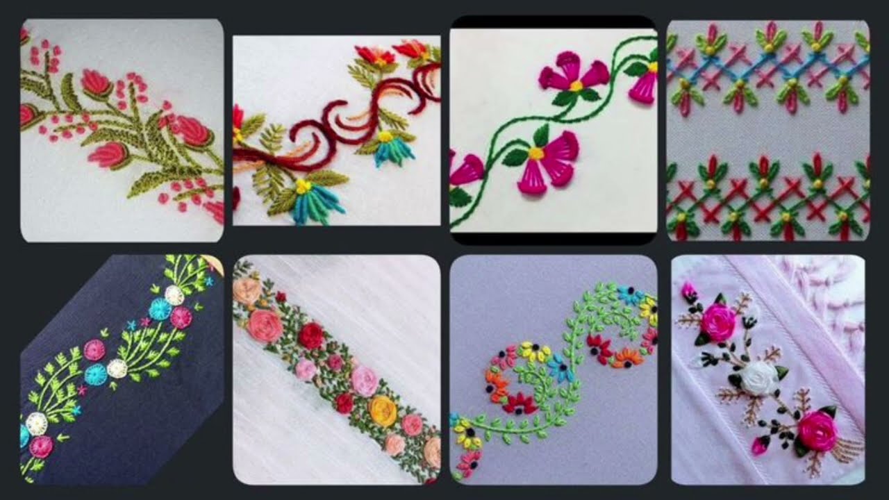 Hand Embroidery Flowers & Stylish Border Line