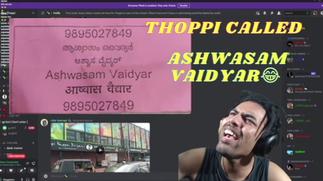 THOPPI live CALLING ASHWASAM VAIDYAR😂 || DISCORD REACTION ||#mrzthoppi