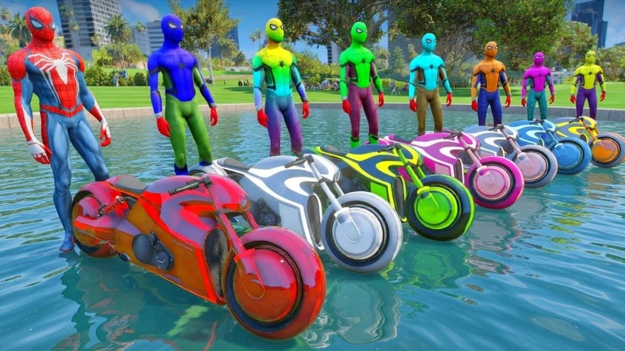 SPIDERMAN STUNT RAMP MOTORCYCLE CHALLENGE ON GARBAGE CAR BRIDGE