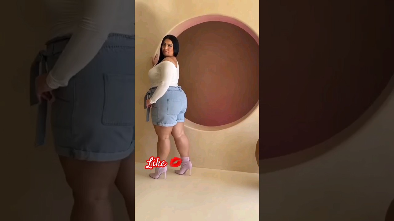 Plus size models lifestyle curvy woman in Denim short classy doll top dress. #plussize#curvygirl