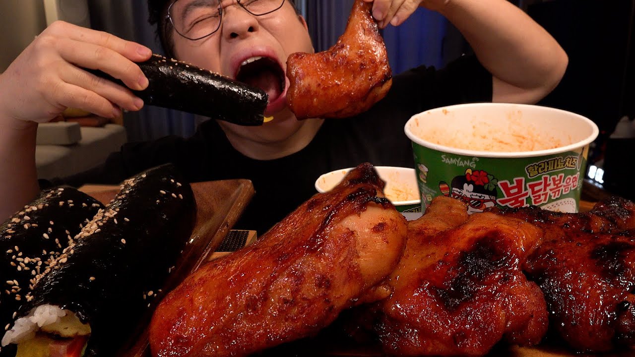 ASMR Mukbang 먹방창배 신상 할라피노치즈 불닭볶음면 통닭다리 김밥 세트 한식 맛집 대박 레전드 먹방 Chicken leg barbecue Legend kfood eatin