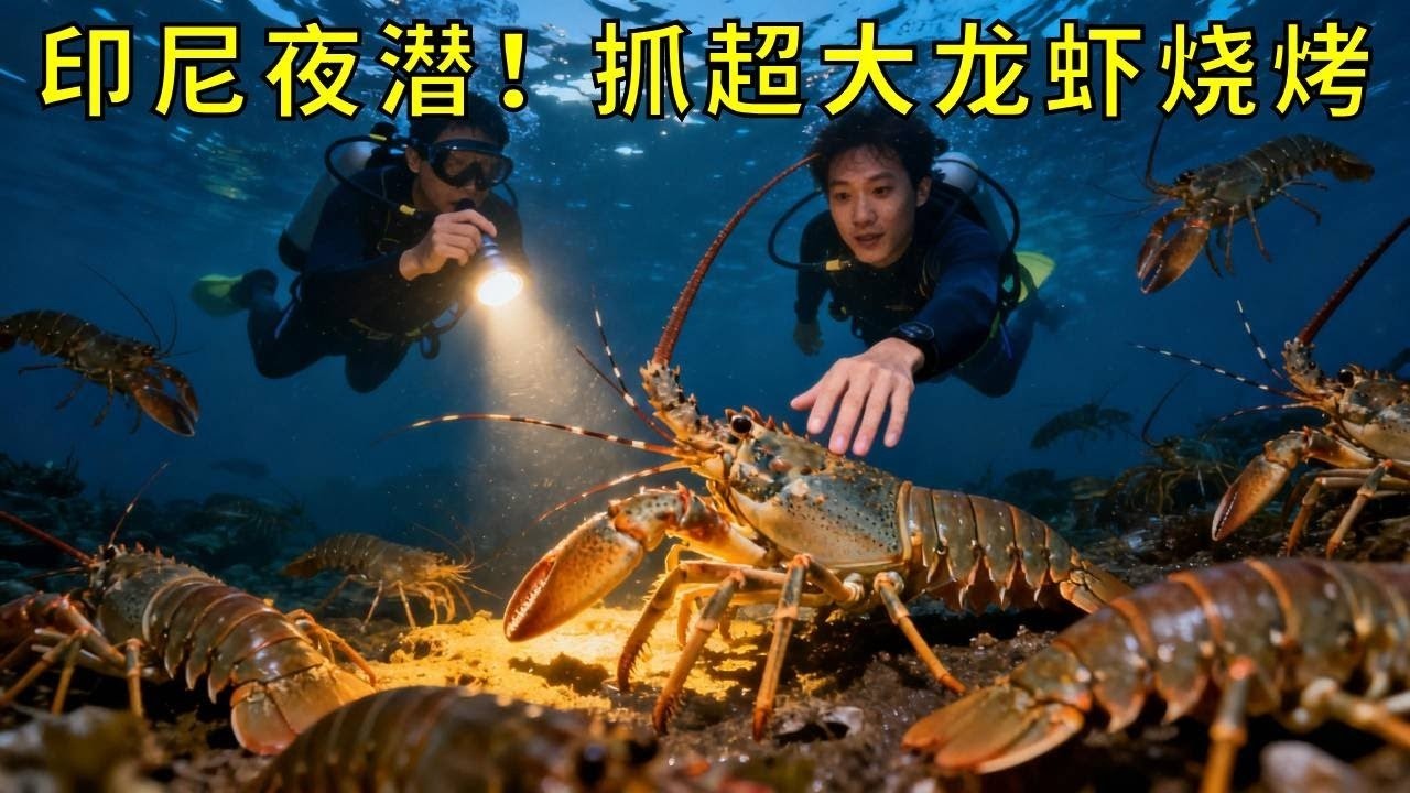 印尼夜潜爆货！超大龙虾刚上手，琵琶虾就多到抱不动，碳烤这顿太满足 #赶海惊喜 #夜潜抓货 #美味海鲜
