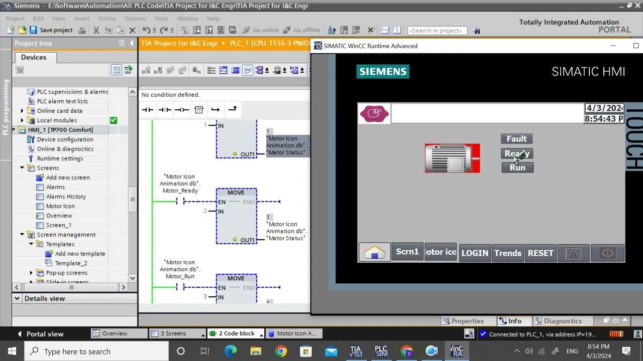 TIA Portal:  HMI Motor icon animation using Integer tag | Lesson-10