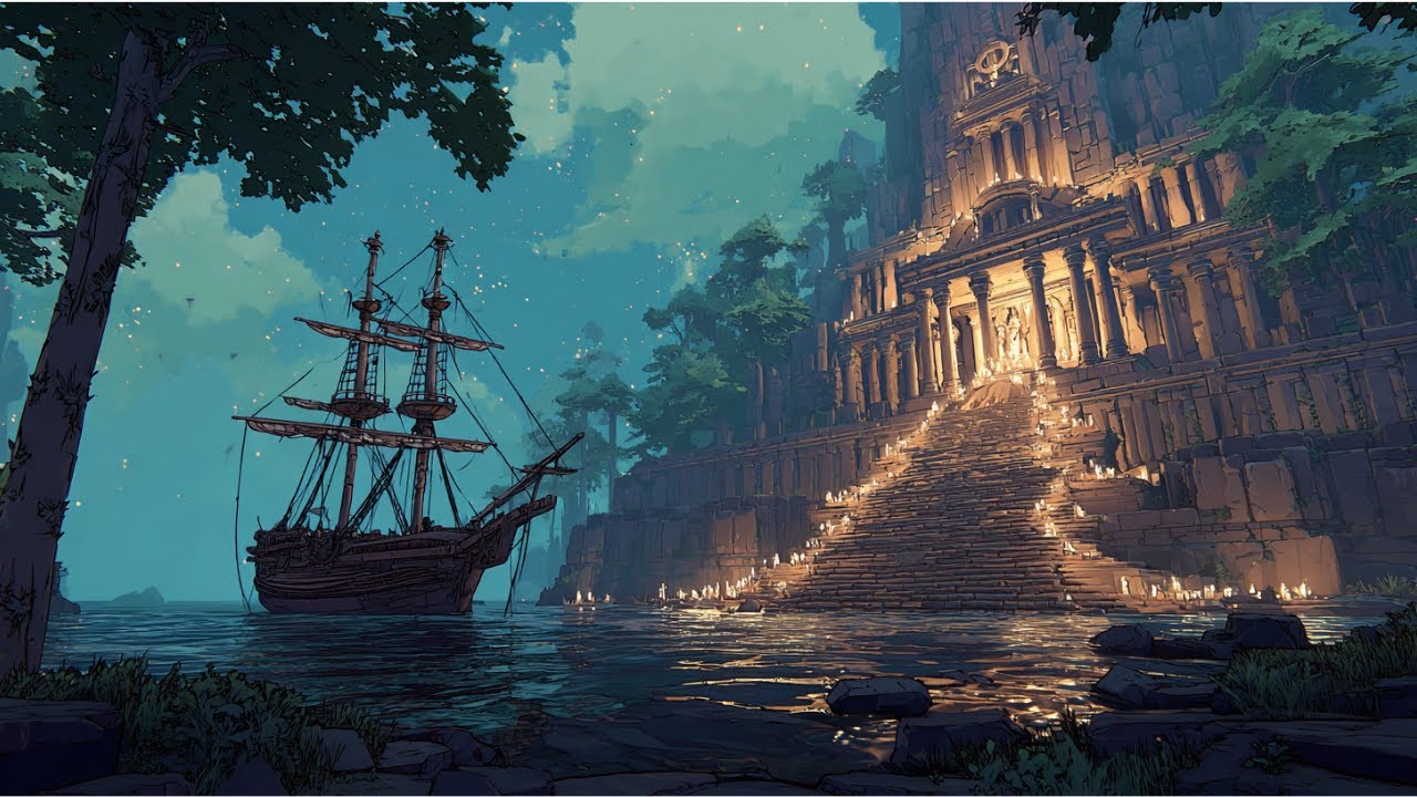 Moonlit Temple Harbor | Calm Fantasy Folk Ambience (Single Loop Track)
