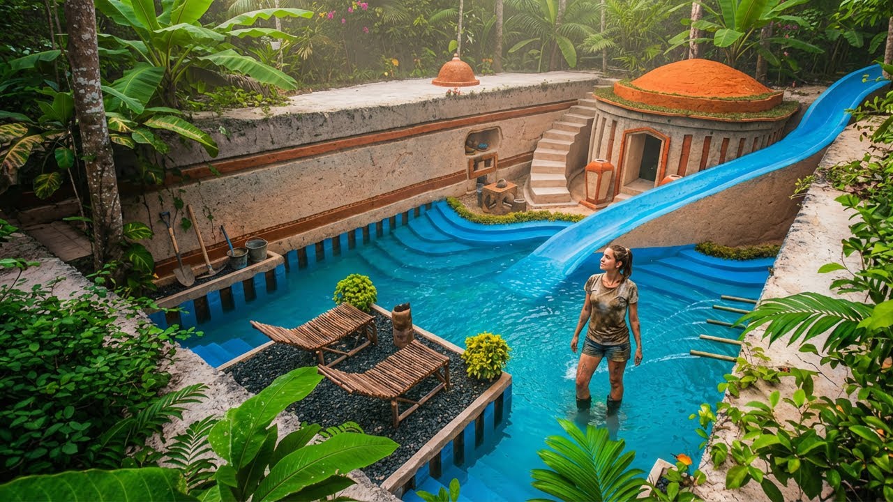 I Built a $1M Underground Water Slide & Pool House Alone in the Forest — 210 Days Survival Build