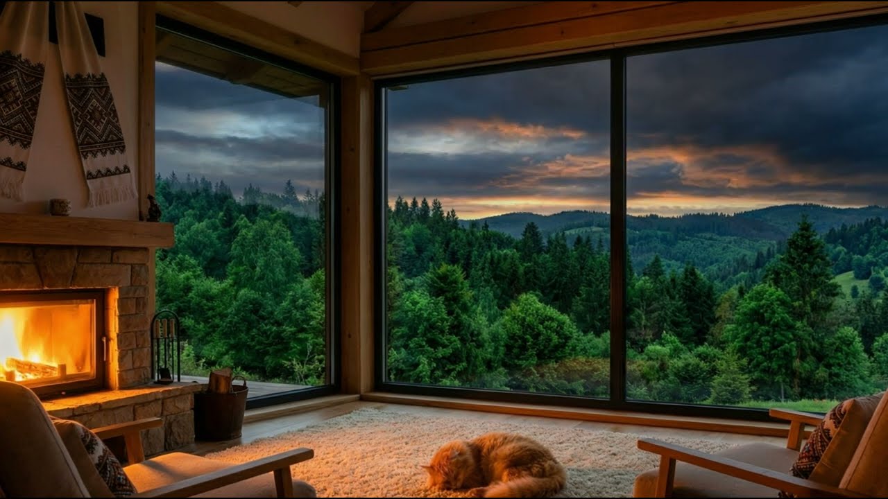 Ukrainian Relax Music 🔥 Cozy Fireplace Evening with a Sleeping Ginger Cat 🐈