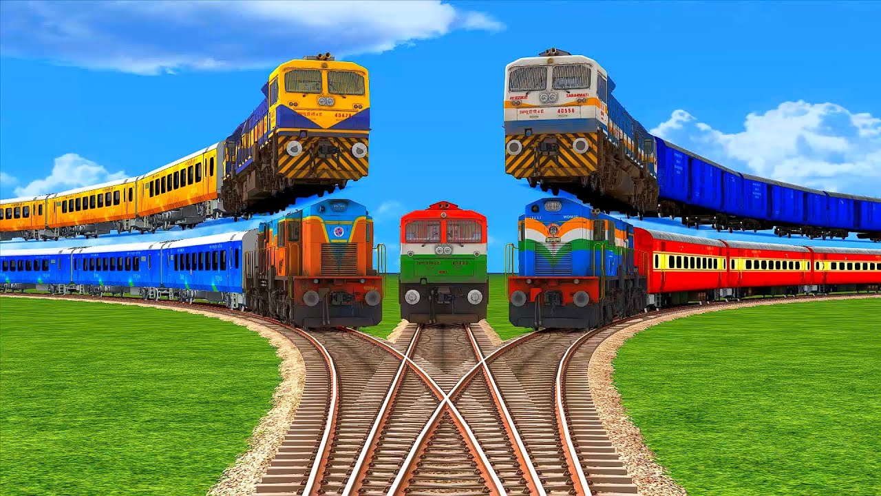 5 Trains On Top Of The Trains | Crazy Crossing Different Railroad On Fork Street Railroad Track #15