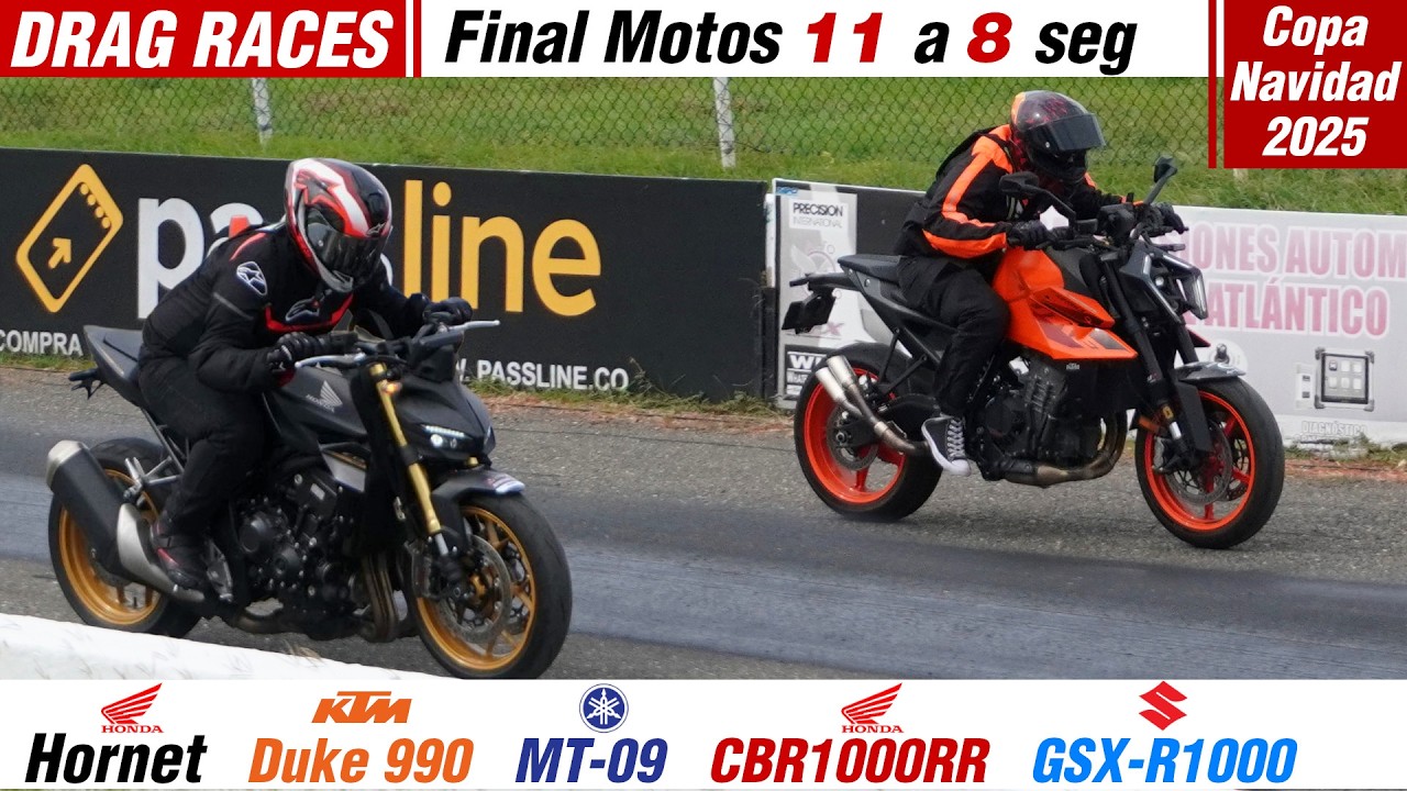 DRAG RACES: CB1000R Hornet 🆚 Duke 990 🆚 MT-09 🔥 CBR1000RR 🆚 GSX-R1000 🔥 11 a 8 s Copa Navidad 2025