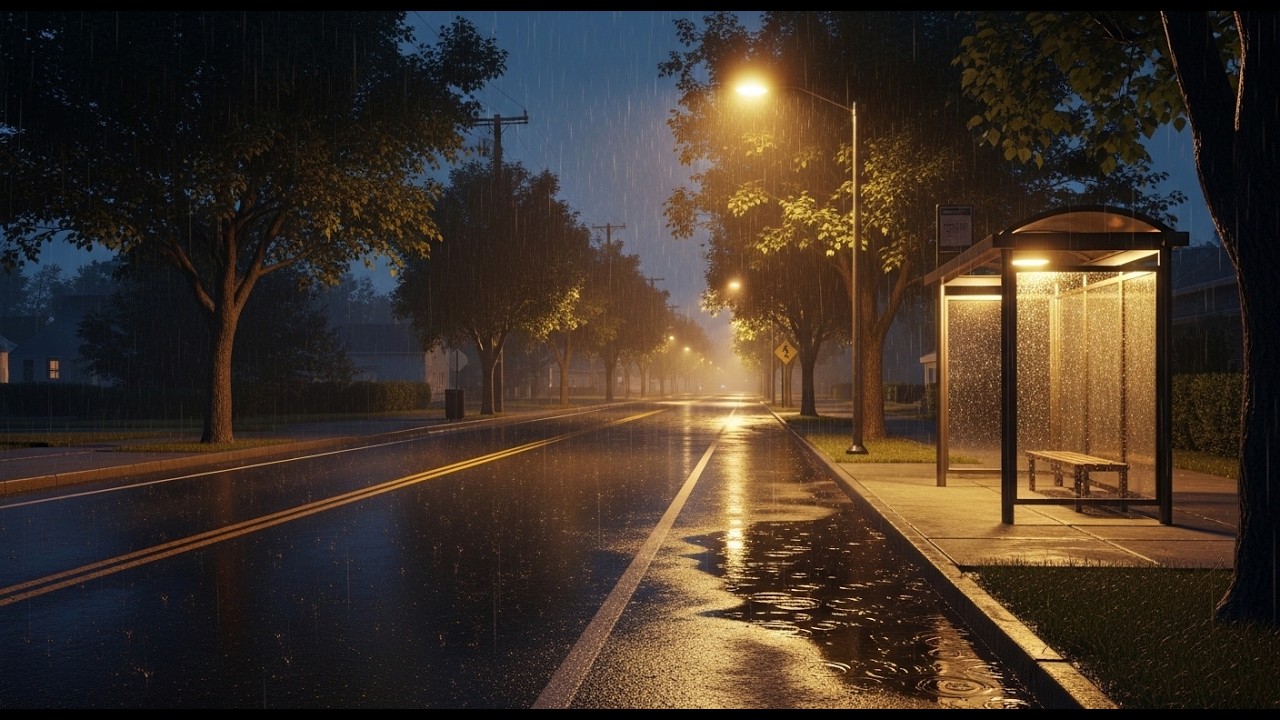 Relaxing Rain Sounds on a Quiet Small Town Street at Night, Rain Ambience for Deep Sleep, Relaxation