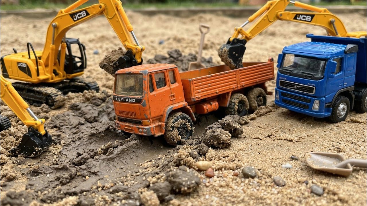 Toy Trucks in Sand–Clay Mix 🛻 | Leyland vs Volvo | JCB Rescue | Toy Team Rescue