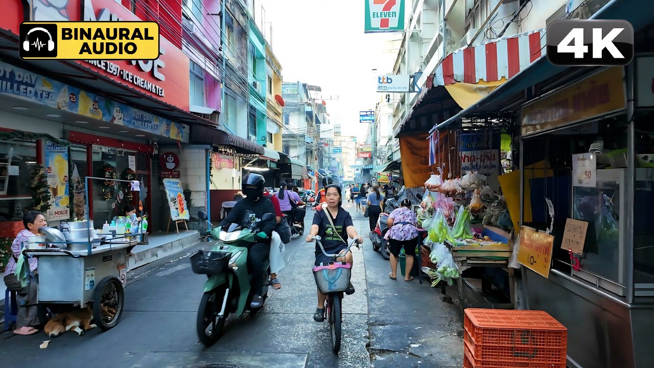 Bangkok Morning Soundscape — Food Stalls, Voices, Traffic | Binaural ASMR 4K