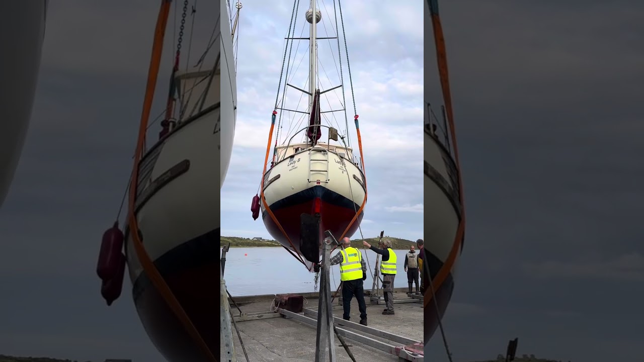 Sailing boats are being lifted from the sea for winter storage , Rosmoney, Westport, Ireland 🇮🇪.